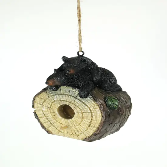 Playful Black Bears On Cut Log Polyresin Hanging Birdhouse {4}