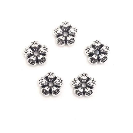 4, 20 or 50 Pieces: Round Silver Flower Spacer Charm Beads - Double Sided {1}