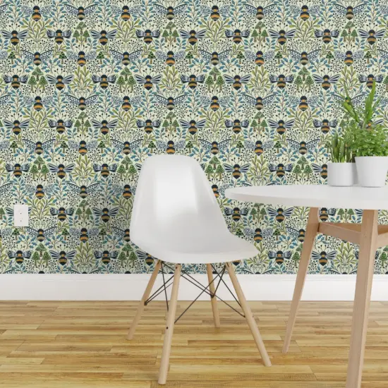 Peel & Stick Wallpaper 2FT Wide Mushroom Botanical Bumblebee Pollinator Medium Scale Blue Green Gold Custom Removable Wallpaper by Spoonflower {1}