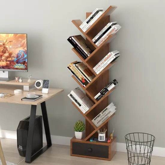10-Tier Tree Bookshelf with Drawer and Anti-Tipping Kit Brown {3}