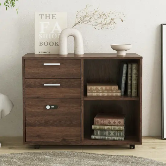 Office Wooden File Cabinet with coded Lock Drawer with Open Storage Shelves Brown Oak {1}