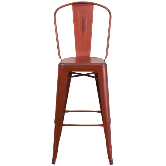 Merrick Lane Sabine Metal Indoor-Outdoor Counter Stool with Vertical Slat Back and Integrated Footrest Kelly Red {3}