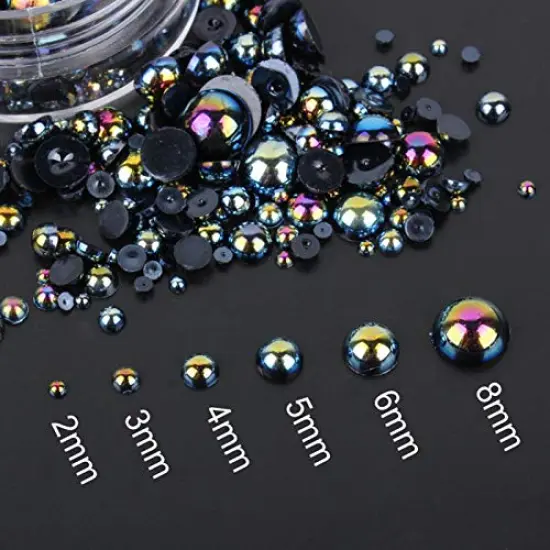 1000 Pieces Flatback Half Pearls, Mixed Size 4/6/8/10/12/14mm Flat Back Round Half Pearls Beads for Crafts Jewelry, Loose Beads Gem (Jet Black AB) {4}