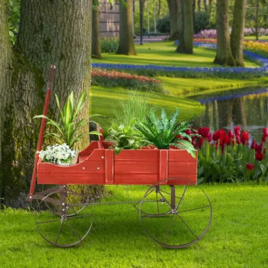 Rustic Wooden Wagon Planter with Metal Wheels Small Garden Cart for Flowers Outdoor Decor Red {2}