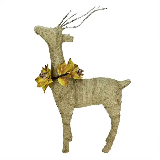 Gallerie II 26.5" Rustic Burlap Reindeer Wearing Amber Leaves and Berries Decorative Standing Christmas Figure Brown {1}