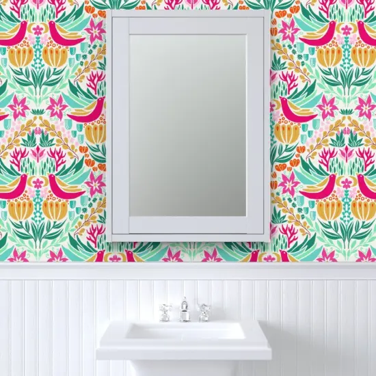 Peel & Stick Wallpaper 2FT Wide Colorful Birds Pink Green Boho Botanical Floral Custom Removable Wallpaper by Spoonflower {6}
