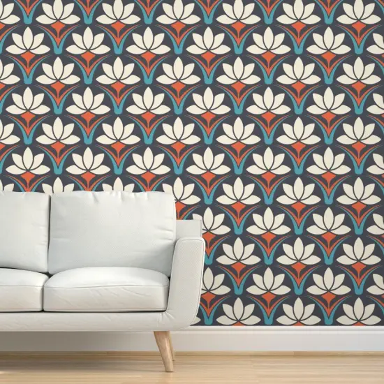 Pre-Pasted Wallpaper 2FT Wide Art Deco Retro Floral Geometric Lotus Nouveau 70S Groovy Boho Scandi Blue Custom Pre-pasted Wallpaper by Spoonflower {5}