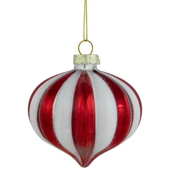 Northlight Glittered Candy Cane Onion Glass Christmas Ornaments - 3.25" - Red and White - 4ct {1}