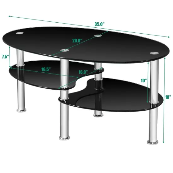 Tempered Glass Oval Side Coffee Table Black {5}