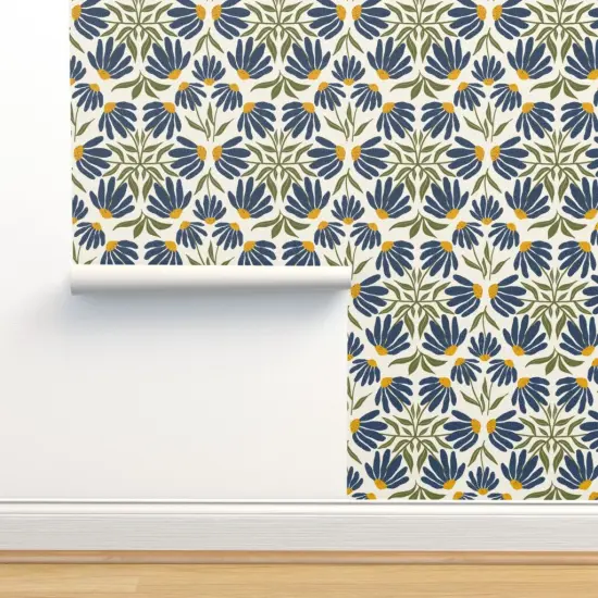 Pre-Pasted Wallpaper 2FT Wide Echinacea Botanical Tile Wildflower Blue Yellow Gold Coneflowers Native Species Custom Pre-pasted Wallpaper by Spoonflower {2}