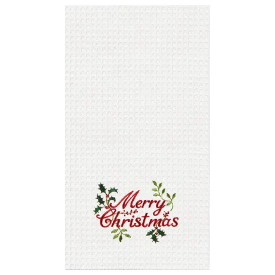 "Merry Christmas" Holly Branches Embroidered 100% Cotton Waffle Weave Dishtowel {1}