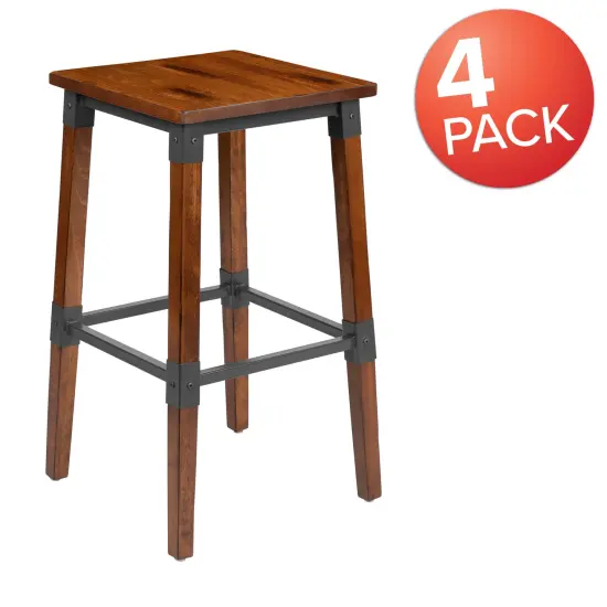 Merrick Lane Breton Backless Bar Height Stools with Steel Supports and Footrest - Set Of 4 Walnut Brown {4}