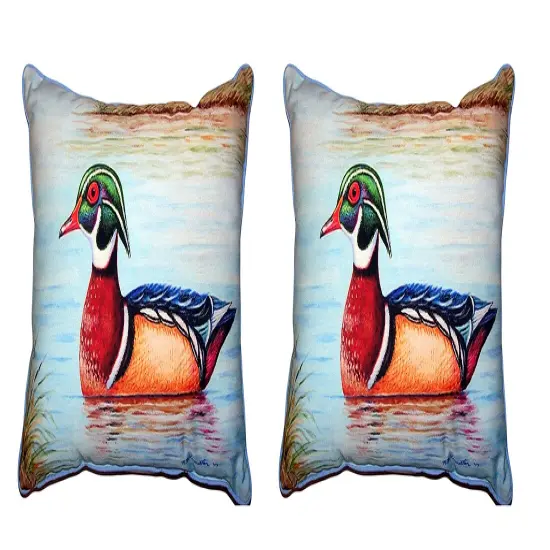 Pair Of Betsy Drake Male Wood Duck II Large Indoor/Outdoor Pillows 16 X 20 {1}