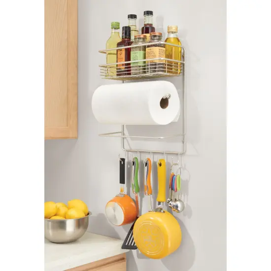 mDesign Metal Wall Mount Paper Towel Holder with Storage Shelf & Hooks {2}