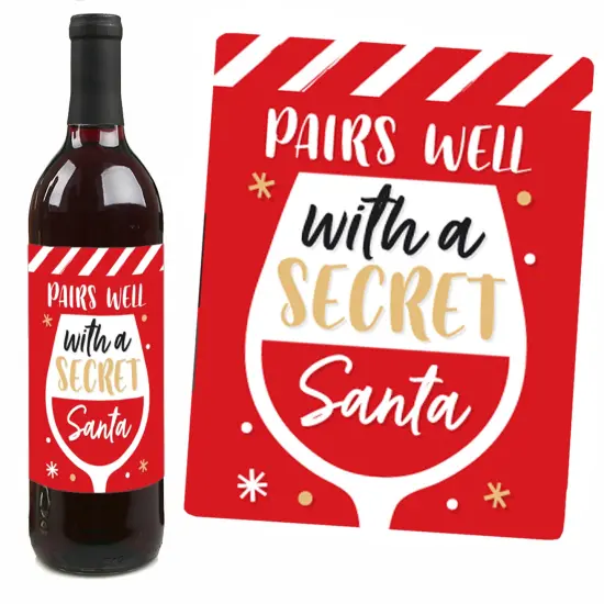 Big Dot of Happiness Secret Santa - Christmas Gift Exchange Party Decorations for Women and Men - Wine Bottle Label Stickers - Set of 4 {7}