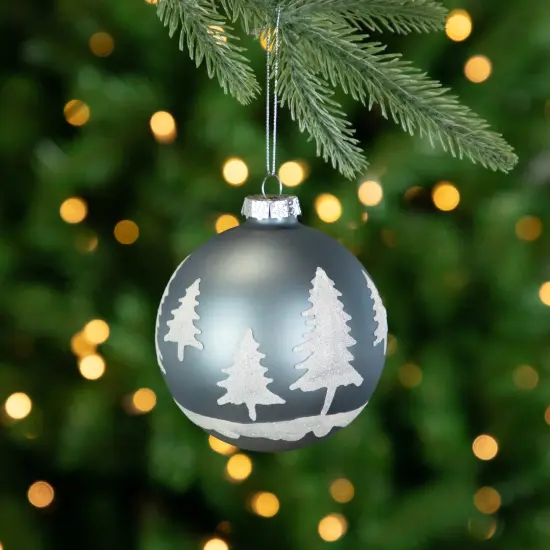 Northlight 4" Slate Blue with Glittered Trees Glass Ball Christmas Ornament {3}