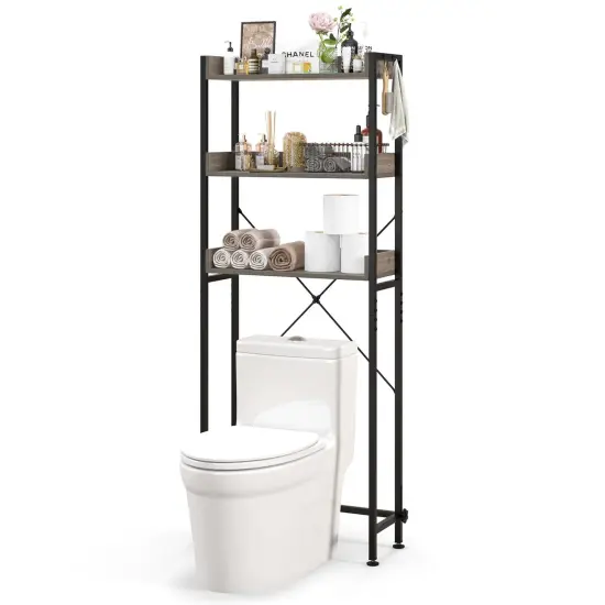 Costway 3-Tier Over-The-Toilet Bathroom Shelf Metal Frame Space Saver Rack with 4 Hooks {1}