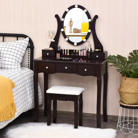 10 Dimmable Lights Vanity Table Set with Lighted Mirror and Cushioned Stool Coffee {6}