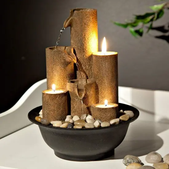 Indoor Tabletop Tiered Water Fountain Featuring 3 Candles for Desktop and Table, 11", Brown {2}