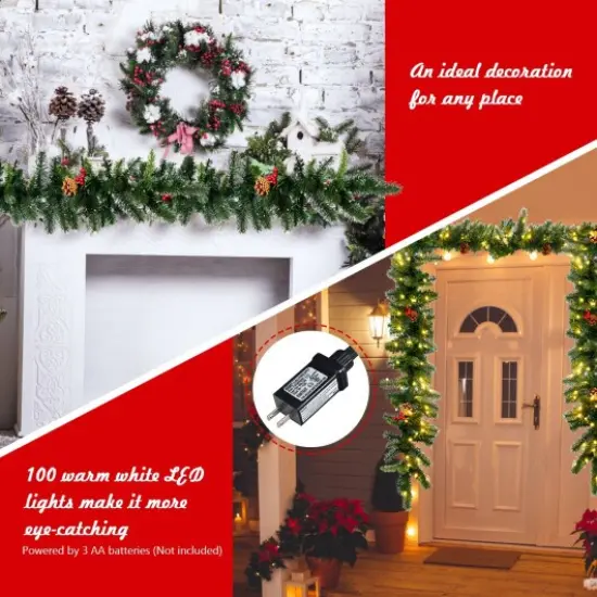 9 Feet Pre-lit Artificial Christmas Garland Red Berries with LED {3}