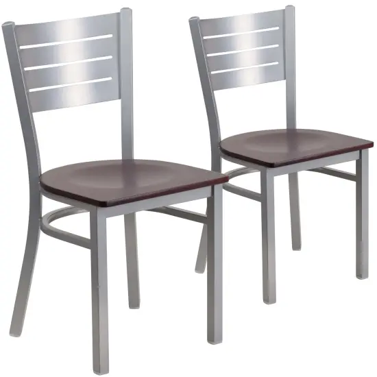 Emma and Oliver 2 Pack Silver Slat Back Metal Restaurant Chair MahoganySeat/Silver {1}