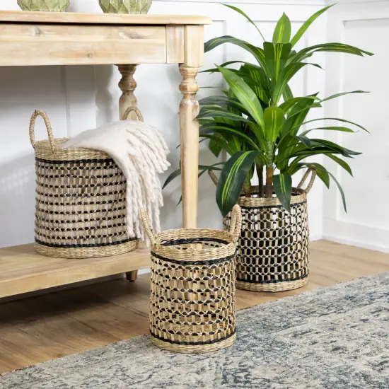 Northlight Set of 3 Open Honeycomb Weave Seagrass Storage Baskets with Handles 11.75" Beige {3}