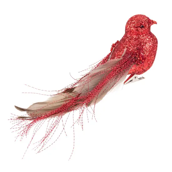 Northlight Glittered Bird with Feather Tail Christmas Clip Ornament - 7" - Red {4}