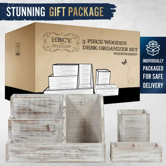 HBCY Creations 3 PIECE Desk Organizer Set- Rustic Mail Organizer For Desktop - Great For Rustic or Industrial Decor! Makeup Organizer For Vanity White Wash {4}