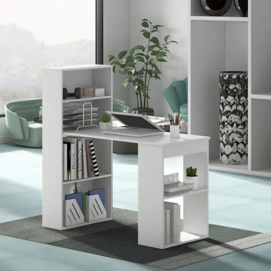 48" Computer Writing Desk with Bookshelf with Storage Shelves for Home Office Study Room White {2}