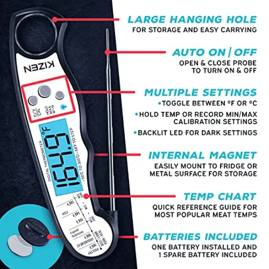 KIZEN Digital Meat Thermometer with Probe - Instant Read Food Thermometer for Cooking, Grilling, BBQ, Baking, Liquids, Candy, Deep Frying, and More - Black/White {6}