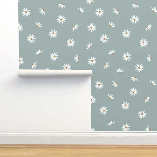 Peel & Stick Wallpaper 2FT Wide Dusty Blue Floral Ditsy Coneflower White Flowers Small Scale Boho Kids Whimsical Meadow Custom Removable Wallpaper by Spoonflower {2}