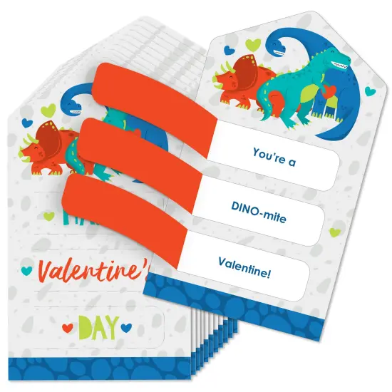 Big Dot of Happiness Roar Dinosaur - Dino Mite Trex Cards for Kids - Happy Valentine's Day Pull Tabs - Set of 12 {1}