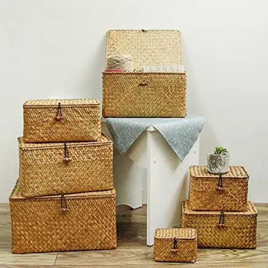 FEILANDUO Shelf Baskets with Lid Set of 3 Handwoven Seagrass Storage Box Wicker Basket Desktop Makeup Organizer Multipurpose Container (Original (S/M/L) {2}