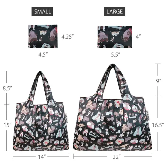 Wrapables Large & Small Foldable Tote Nylon Reusable Grocery Bags, Set of 2 Black Dogs {2}