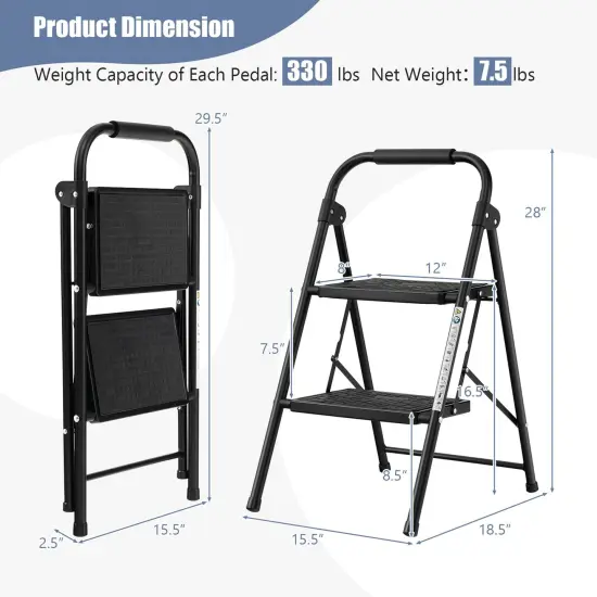 Costway 2 Step Ladder Folding Step Stool 330lbs Capacity with Anti-Slip Pedal & Handle {3}