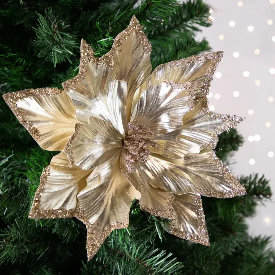Northlight 24" Metallic Champagne Gold Glittered Poinsettia Christmas Stem Spray {3}
