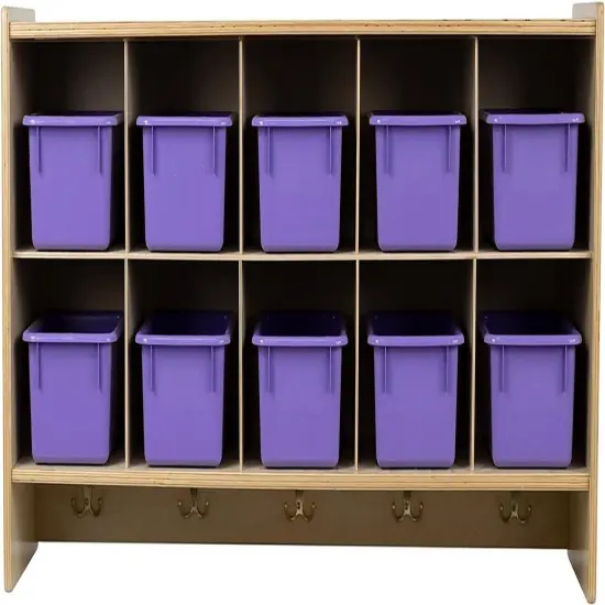 Cubby Storage Organizer Cubes, 10 Cubbies with Coat Hooks, Hanging Wall Cubby Shelf for Kids Toys, Daycare, Classroom, 47-Inch Width Purple {1}