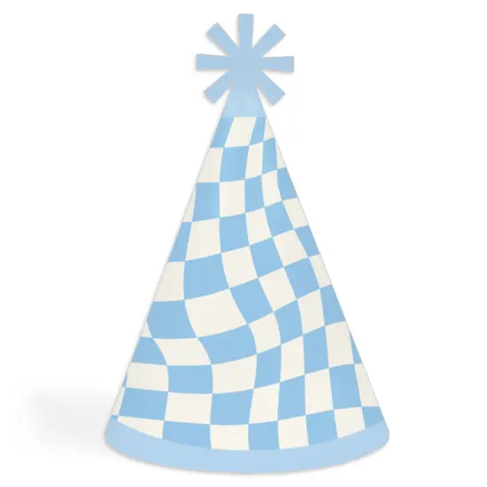 Big Dot of Happiness Blue Checkered Party - Cone Happy Birthday Party Hats for Kids and Adults - Set of 8 (Standard Size) {1}