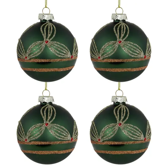 Northlight Holly Berry Christmas Glass Ball Ornaments - 3" - Green and Gold - 4ct {6}
