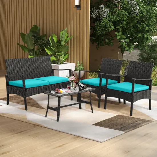 4 Pieces Outdoor Rattan Conversation Set with Tempered Glass Coffee Table Black And Turquoise {6}