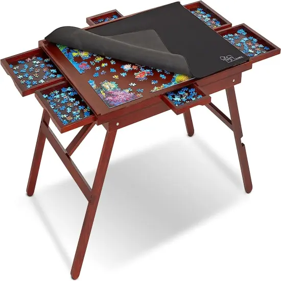 Jumbl 1500-Piece Puzzle Table w/Mat, 27" x 35" Jigsaw Puzzle Board w/Legs 6 Removable Drawers Brown {1}