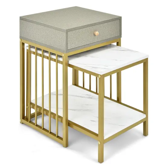 2 Pieces Modern Nesting Coffee Table Set with Drawer and Shelf-White {2}