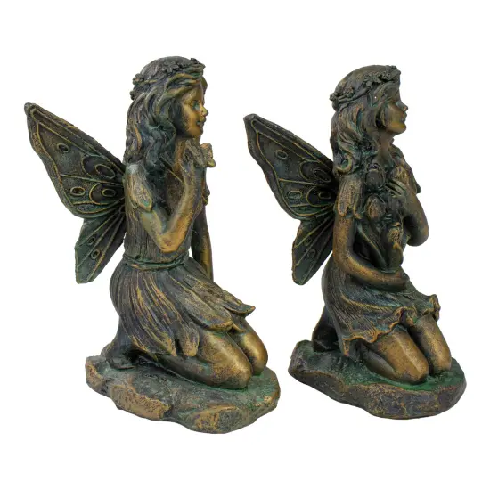 Northlight Set of 2 Bronze Kneeling Fairies With Flowers and a Butterfly Outdoor Garden Statues - 7" {5}