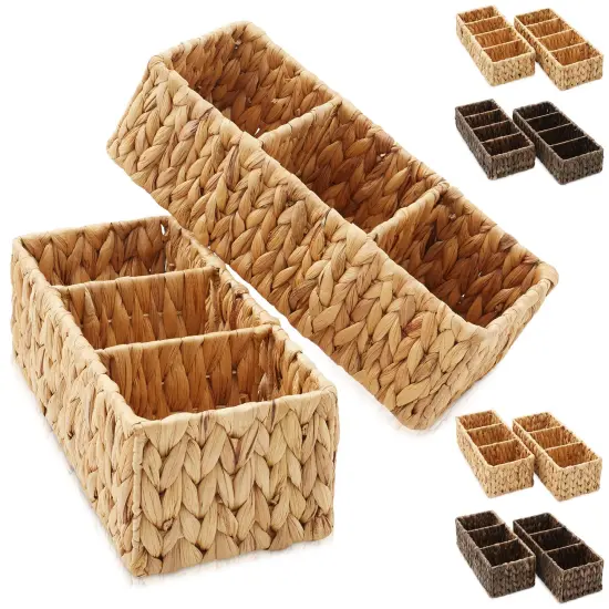 Casafield Set of 2 Water Hyacinth Divided Basket Organizers - Woven Bins for Bathroom, Bedroom, Laundry, Pantry, Shelves {7}
