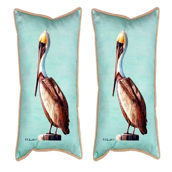 Pair of Betsy Drake Pelican - Teal Small Outdoor Pillows 11X 14 {1}
