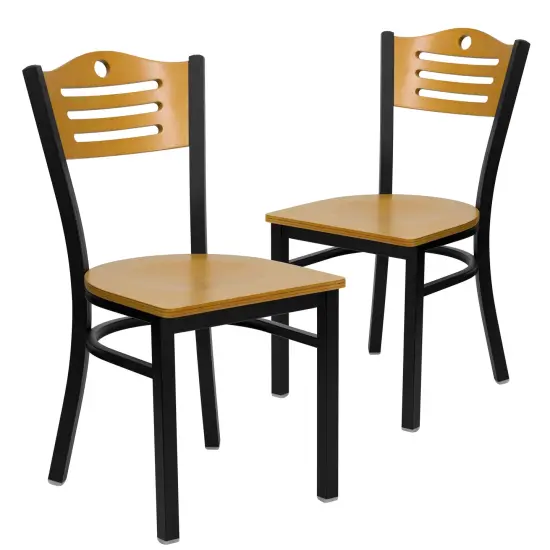 Emma and Oliver 2 Pack Slat Back Metal Restaurant Chair Natural/BurgVY/Black {6}
