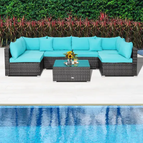 7 Pieces Patio Rattan Furniture Set Sectional Sofa Garden Cushion Turquoise {6}