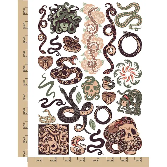 Snakes Serpents Medusa Gorgon Temporary Tattoo Water Resistant Fake Body Art Set Collection Color {1}