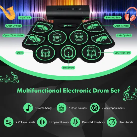 Electronic Drum Set with 2 Build-in Stereo Speakers for Kids Green {5}