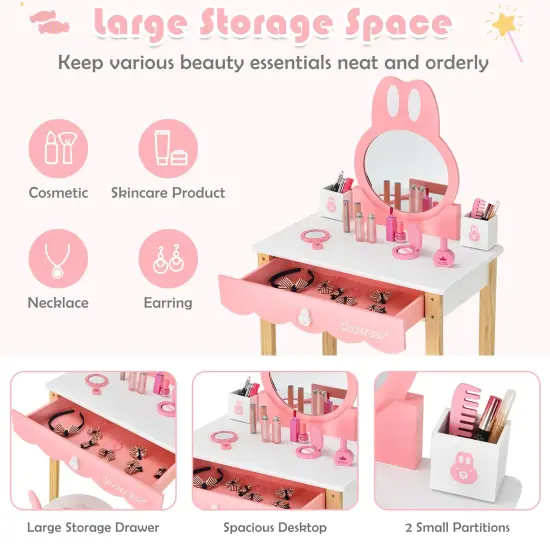 Kids Vanity Set Rabbit Makeup Dressing Table Chair Set with Mirror and Drawer White {5}
